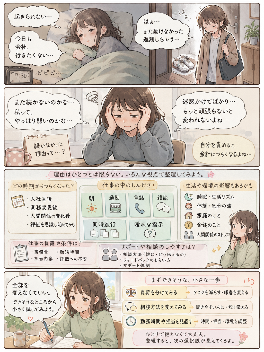 仕事が続かないとき、「自分が弱い」で終わらせない の内容を4コマ漫画で整理した補助画像