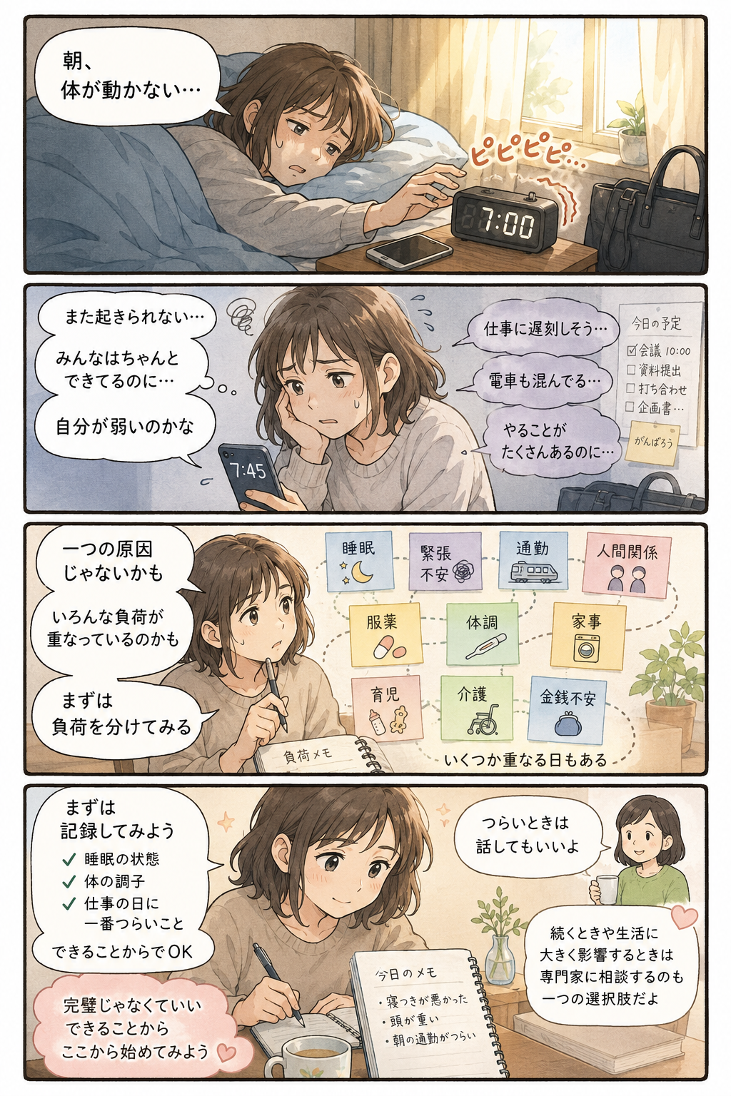 朝がしんどくて動けないとき の内容を4コマ漫画で整理した補助画像