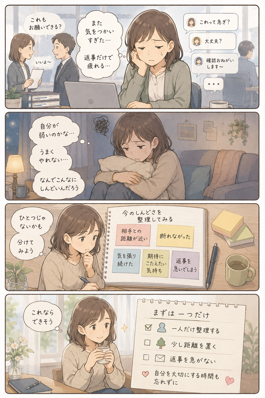 人間関係の負担で消耗しているとき の内容を4コマ漫画で整理した補助画像