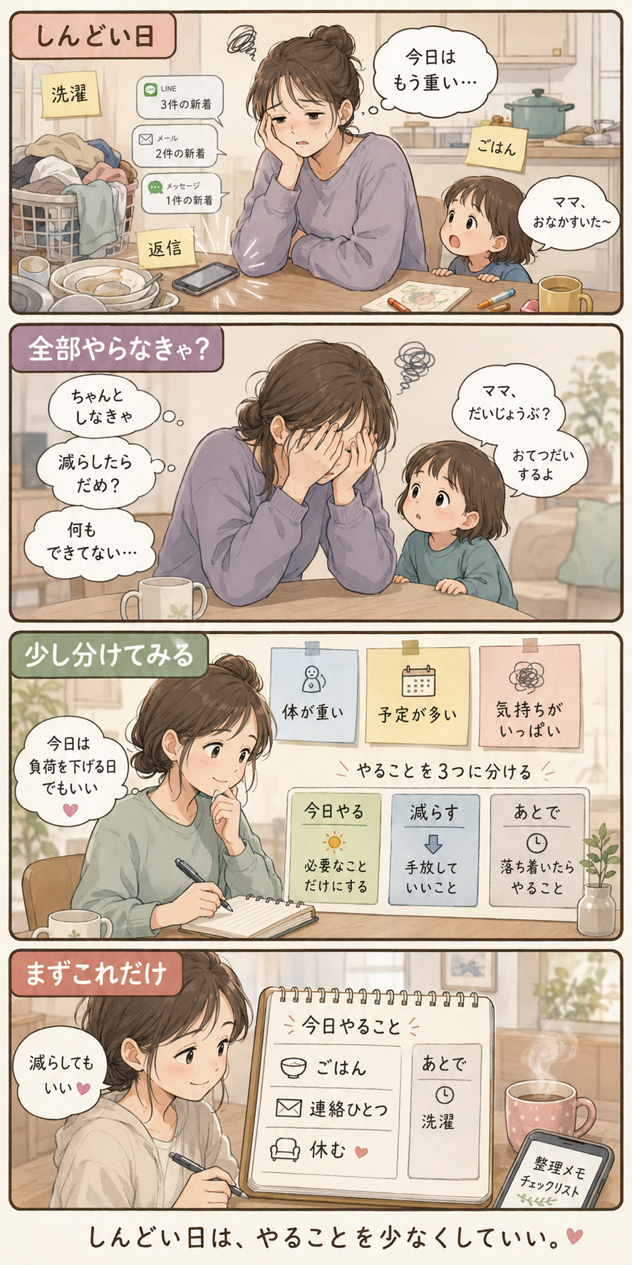 しんどい日に負荷を下げるため、やることを全部抱え込まず、今日やること、減らすこと、あとでやることに分けて整理し、小さな一歩を考える4コマ漫画