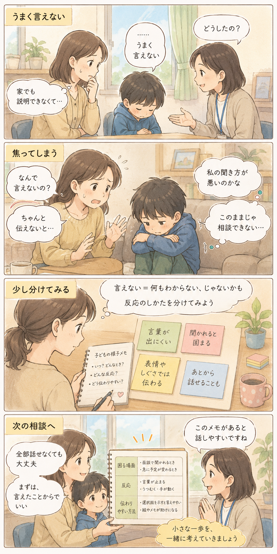 言葉が出ない、伝わらない不安と親の焦りを、子どもの反応や理解の様子に分けて整理し、次の相談につなげる4コマ漫画