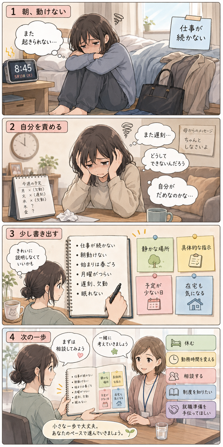 仕事が続かない、朝動けないつらさを抱えた人が、自分責めではなく、始まった時期、頻度、困りごと、合う環境、相談したい内容を書き出して相談につなげる4コマ漫画