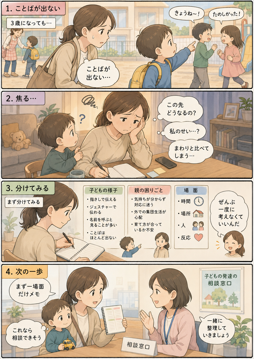 3歳で言葉が出ない子どもを前に親が不安になり、子どもの様子、親の困りごと、場面ごとの反応を整理して相談につなげる4コマ漫画
