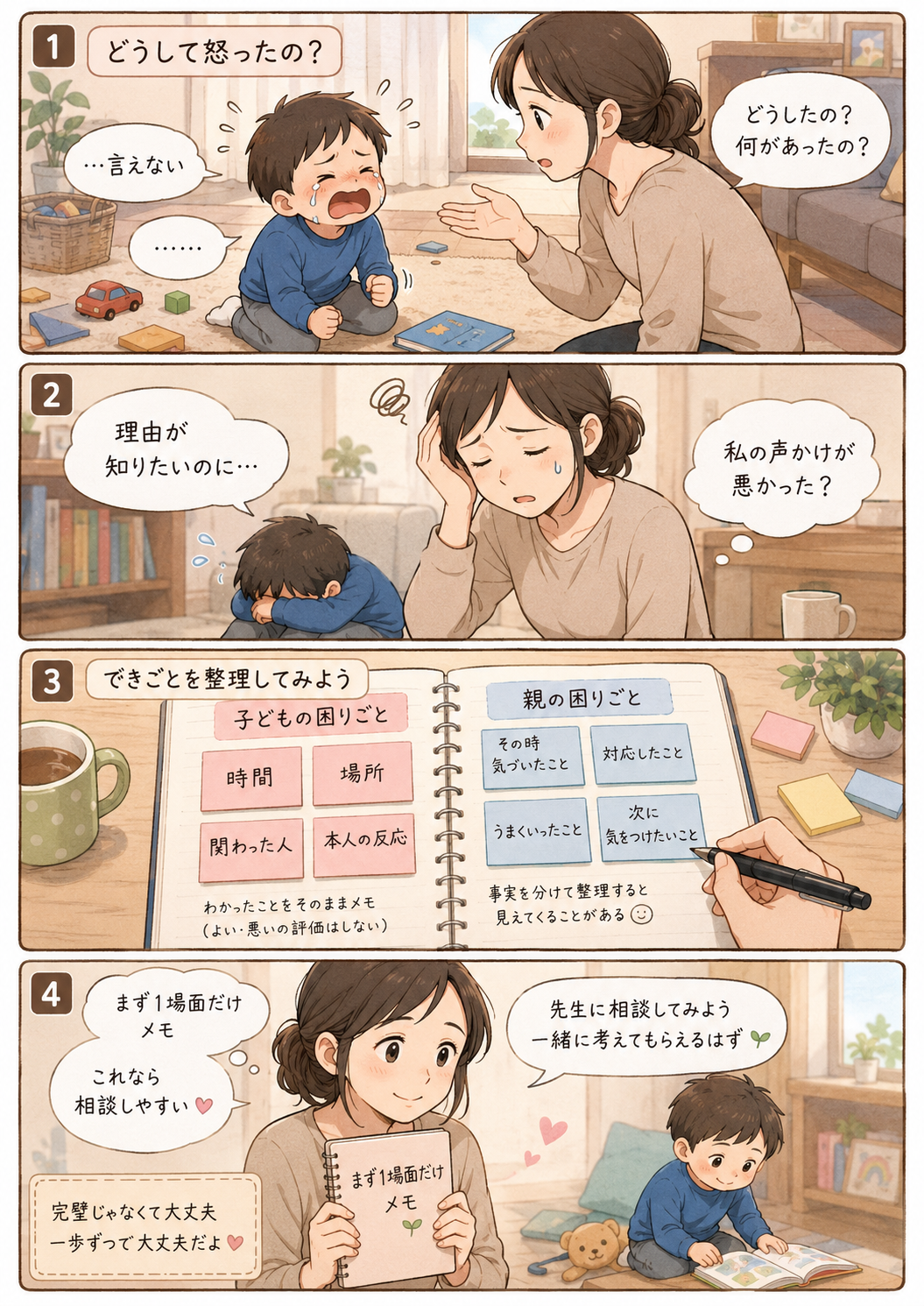 癇癪の理由を子どもが言葉で説明できず、親が焦りながらも反応や状況を整理して相談につなげる4コマ漫画