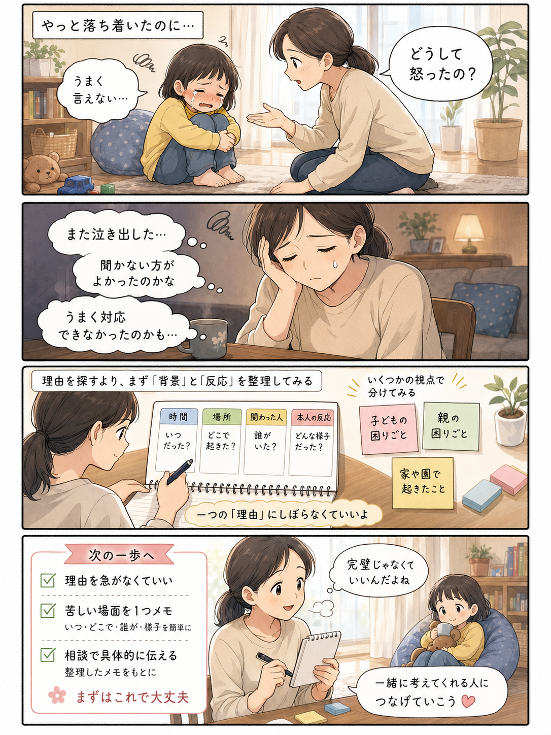 癇癪のあとに理由を聞くと再び泣き出してしまう場面から、理由を急がず背景や反応を整理して相談につなげる4コマ漫画