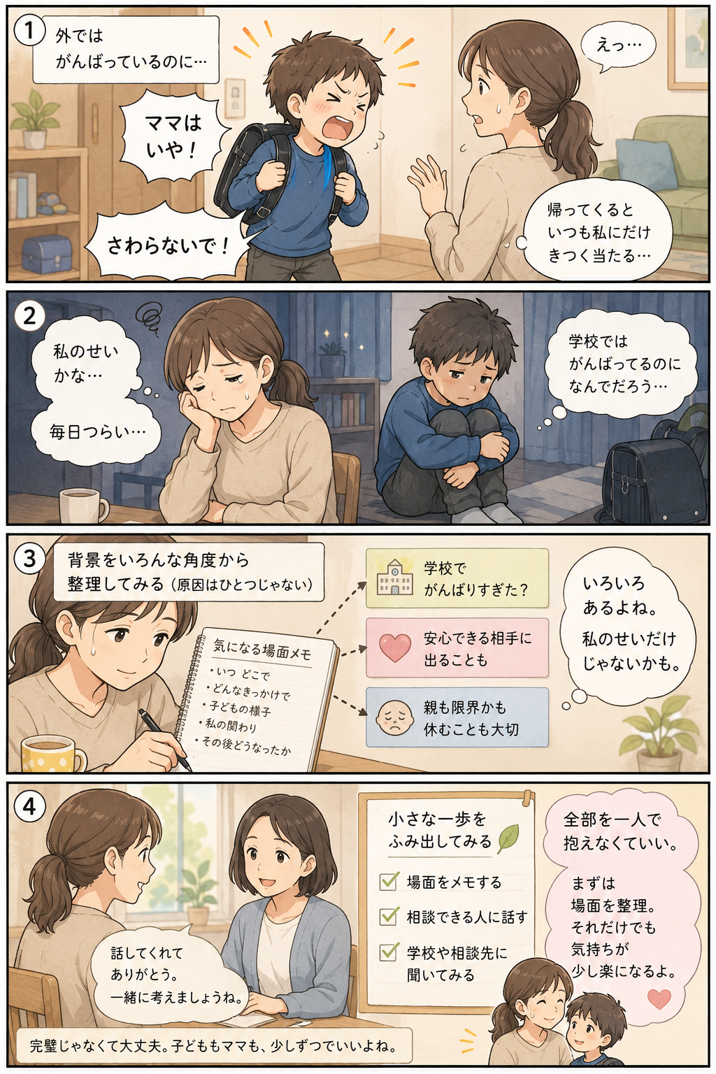 母親にだけ強く当たる子どもを前にして の内容を4コマ漫画で整理した補助画像