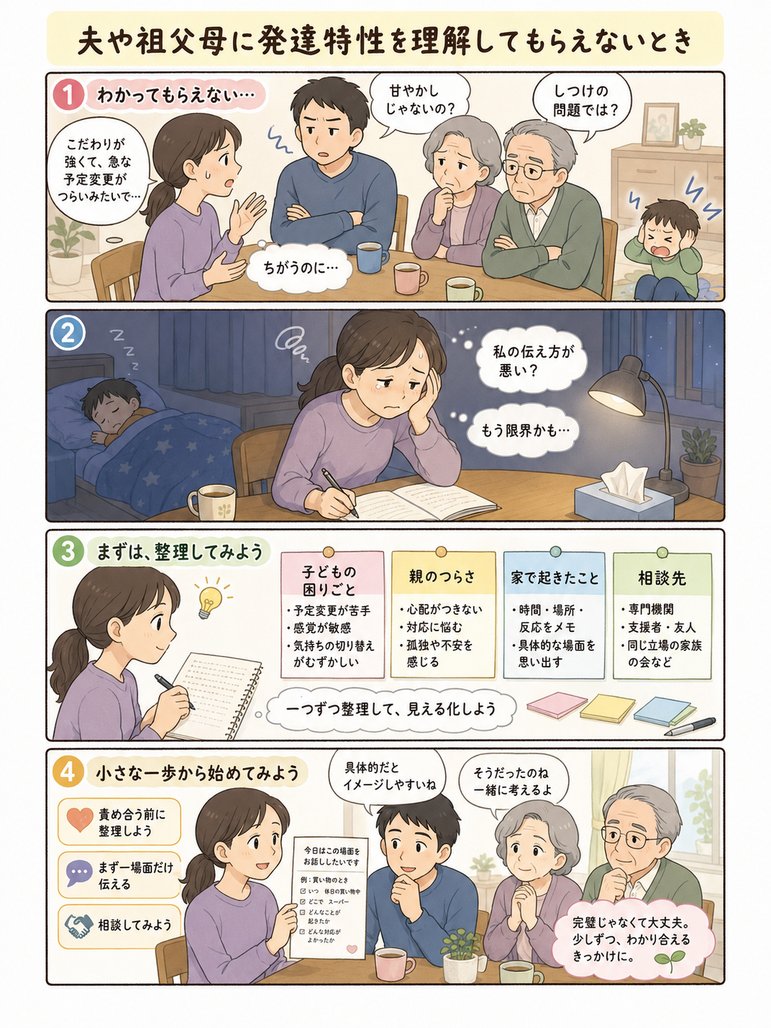 家族に発達特性を理解されず孤立する親のしんどさから、責め合いではなく伝え方と支援を整理する流れを描いた4コマ漫画