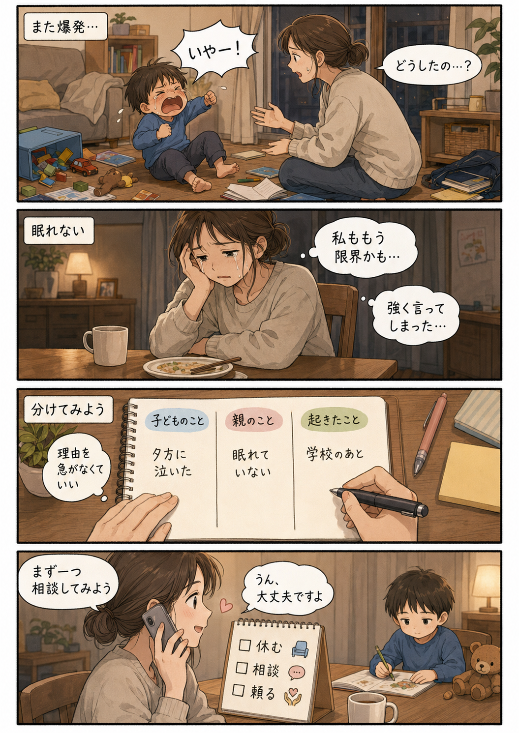 子どもの支援を続ける親自身が限界になった場面から、子どものこと、親のこと、起きたことを分けて整理し、相談につなげる4コマ漫画