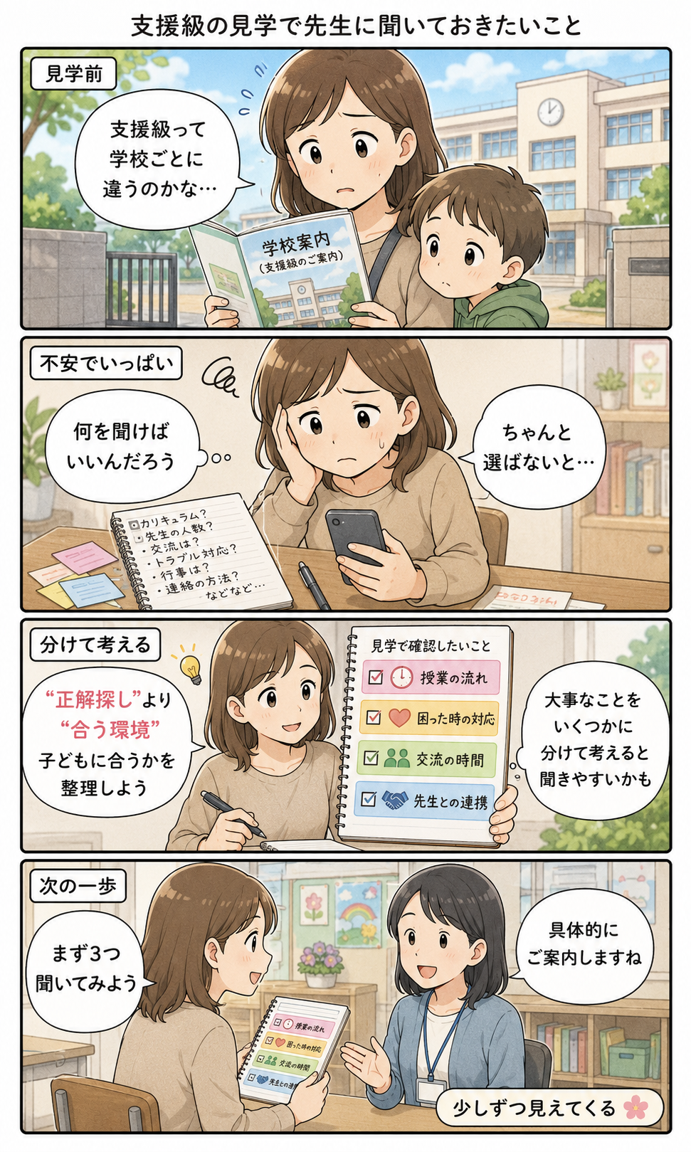 支援級の見学前に不安を感じる親が、正解探しではなく子どもに合う環境や確認項目を整理して先生に相談する流れを描いた4コマ漫画