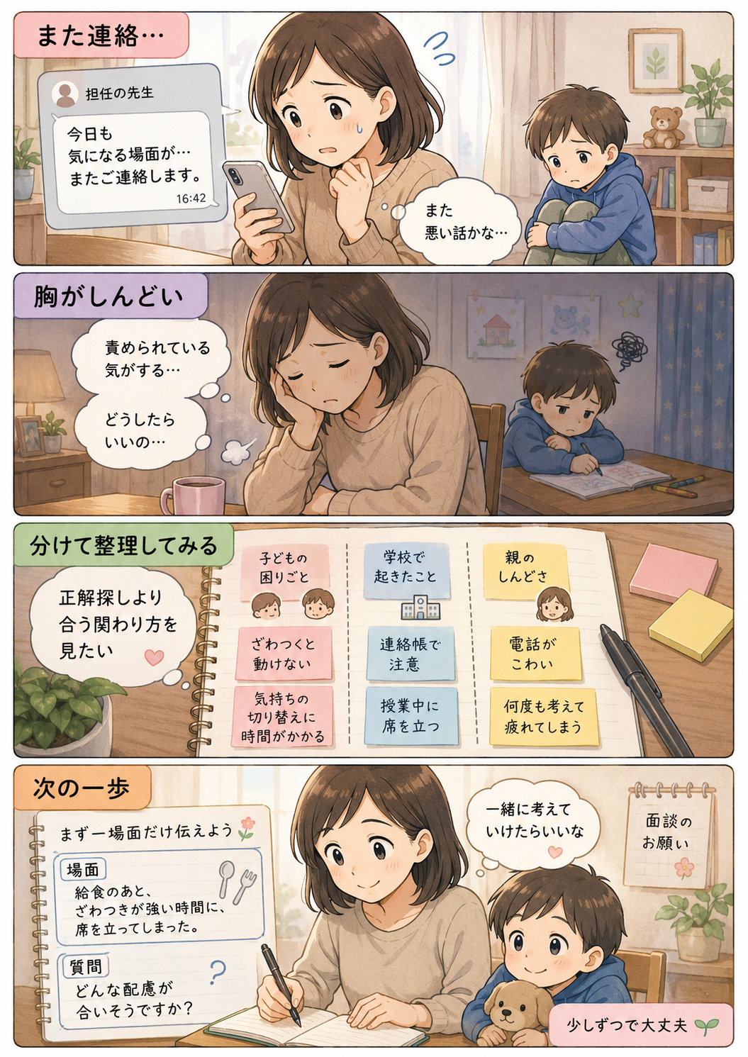 担任から悪い報告ばかり聞かされてつらい親が、学校で起きたこと、子どもの困りごと、親のしんどさを整理して次の相談につなげる4コマ漫画