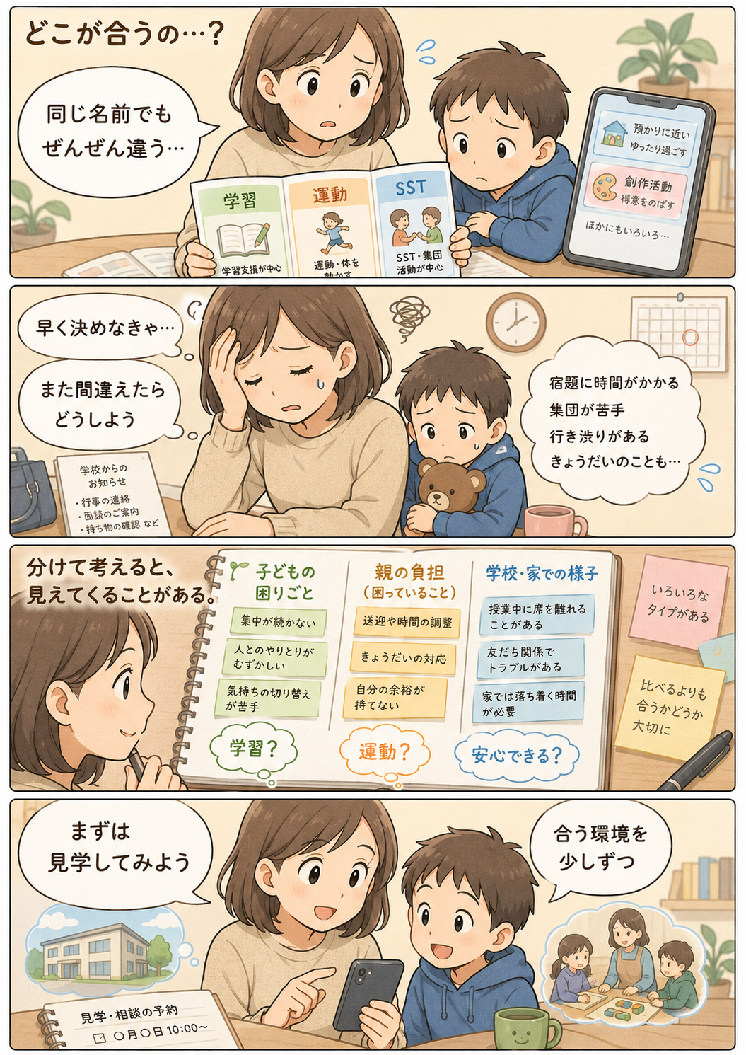 放課後等デイサービスの種類に戸惑う親が、学習、運動、SST、預かりなどの違いを整理し、子どもに合う環境を見学で確認する流れを描いた4コマ漫画