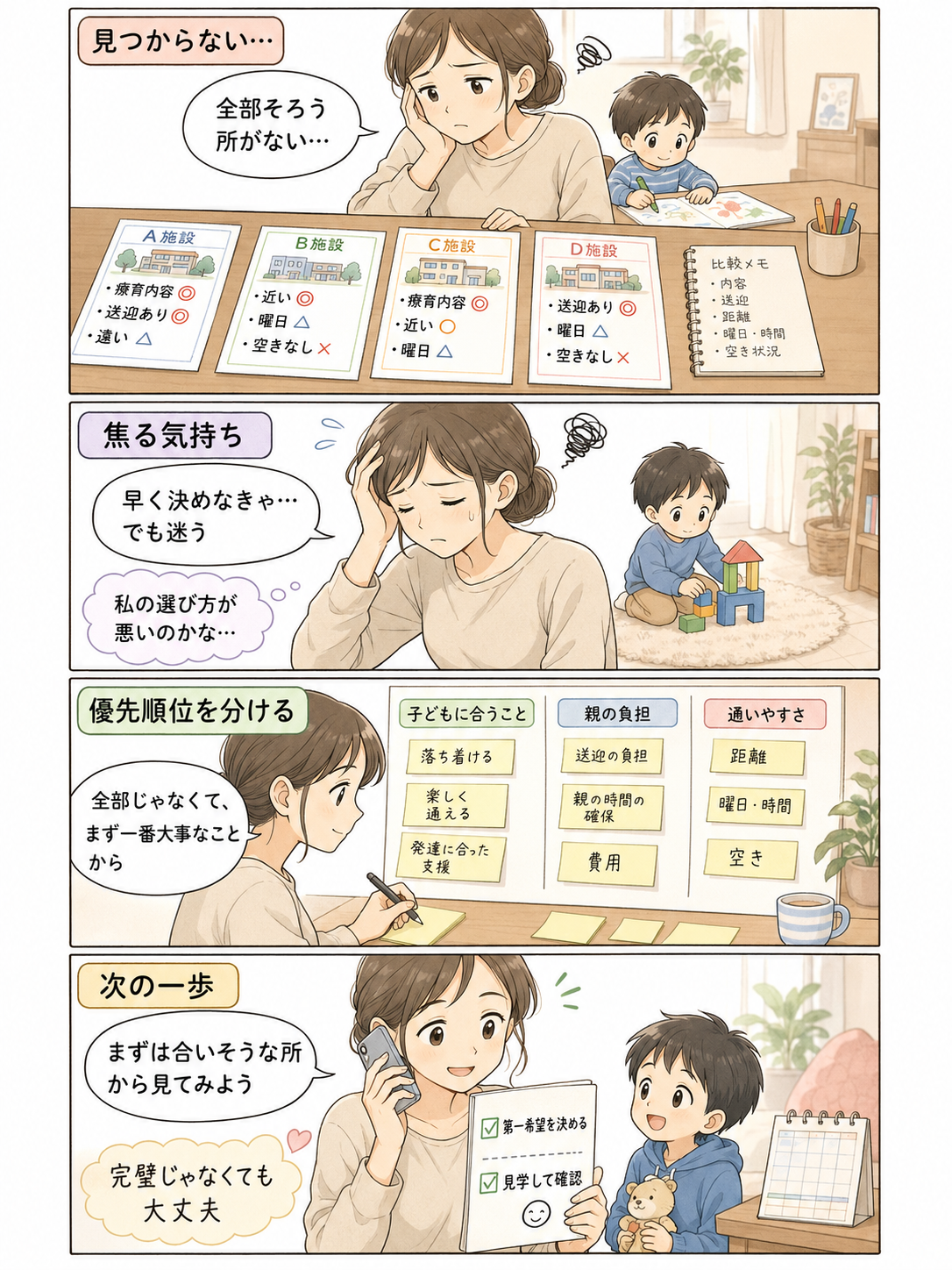 希望に合う療育施設が見つからず悩む親が、子どもに合うこと、親の負担、通いやすさを整理し、優先順位を決めて次の一歩につなげる4コマ漫画