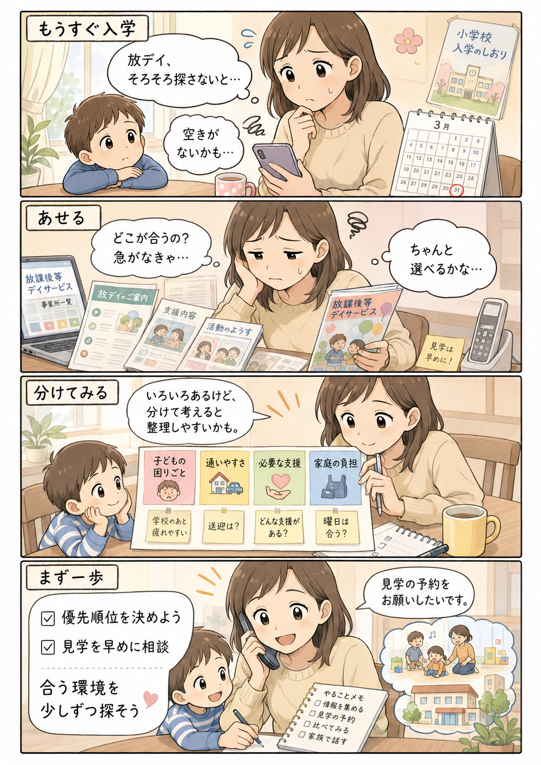 児童発達支援から放課後等デイサービスへ移る時期に不安を感じる親が、子どもに合う環境や見学の優先順位を整理して、早めに動き始める流れを描いた4コマ漫画