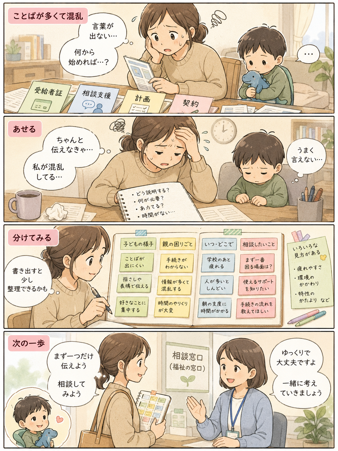 受給者証、相談支援、計画、契約などの言葉に混乱する親が、子どもの様子や親の困りごとを整理して相談につなげる4コマ漫画