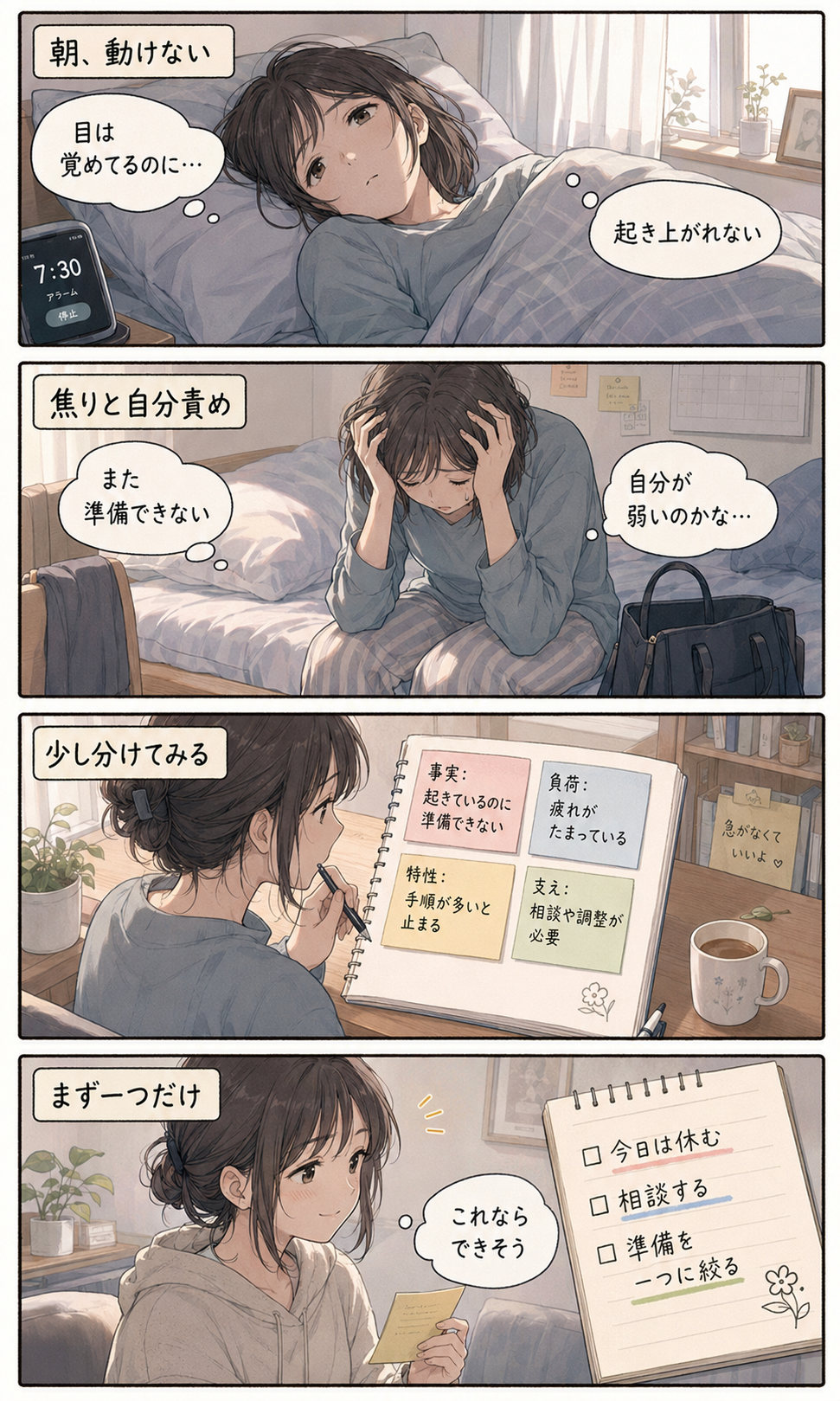 朝、目は覚めているのに仕事へ行く準備ができず、自分を責める状態から、負荷や特性を分けて整理し、まず一つだけ行動を決める流れを描いた4コマ漫画