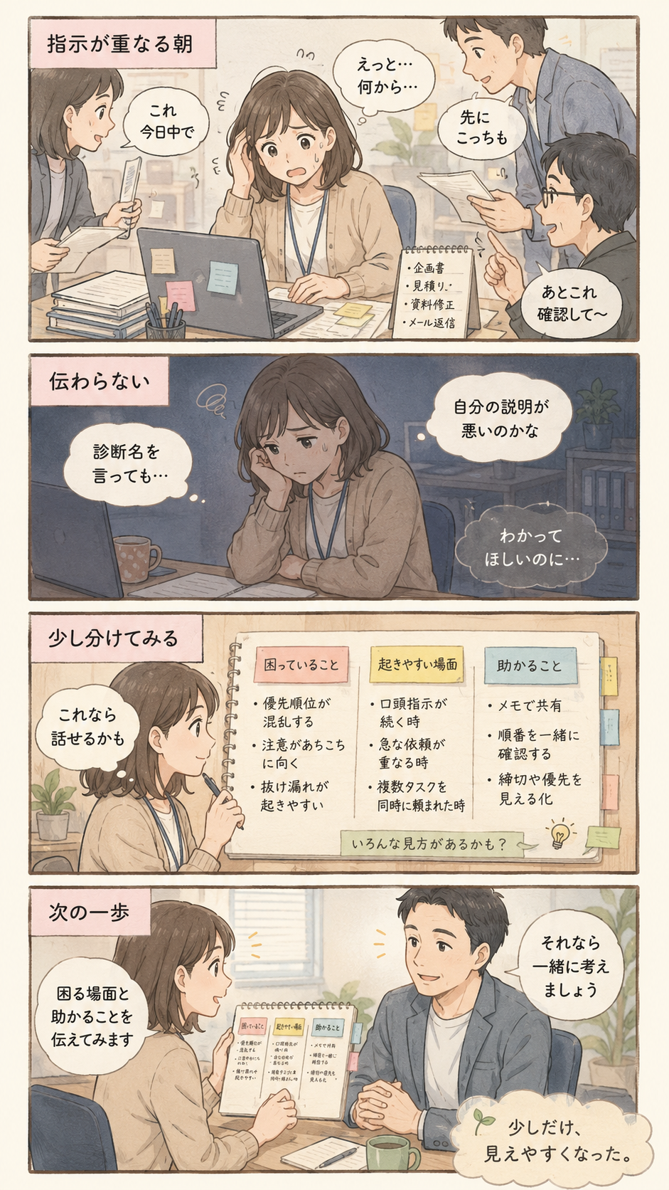 ADHDの困りごとを職場に説明できず理解されないと感じた本人が、困っていること、起きやすい場面、助かることを整理して伝える流れを描いた4コマ漫画