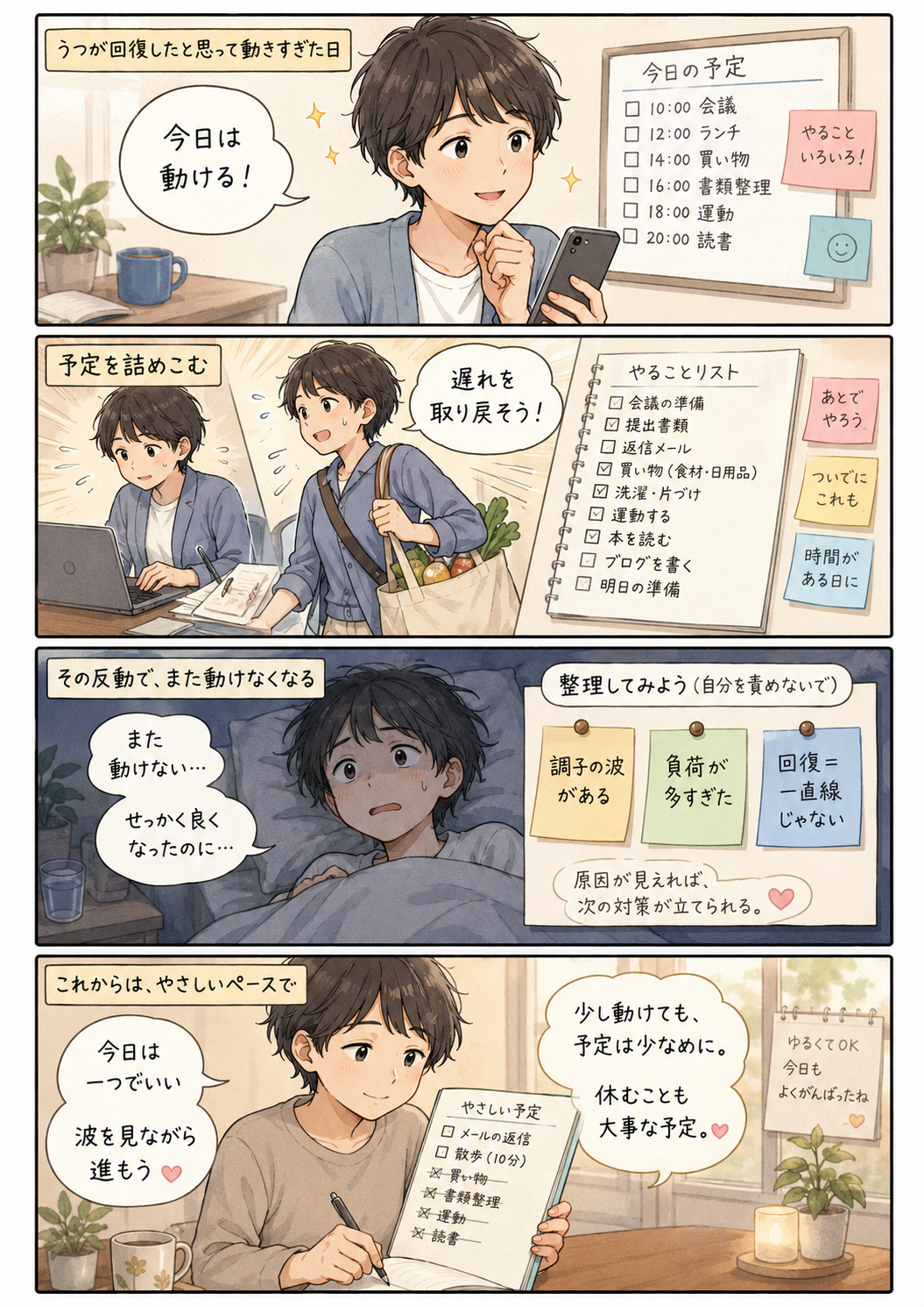 うつが回復したと思って予定を詰め込み、反動でまた動けなくなった体験から、調子の波や負荷を整理し、やさしいペースに見直す流れを描いた4コマ漫画