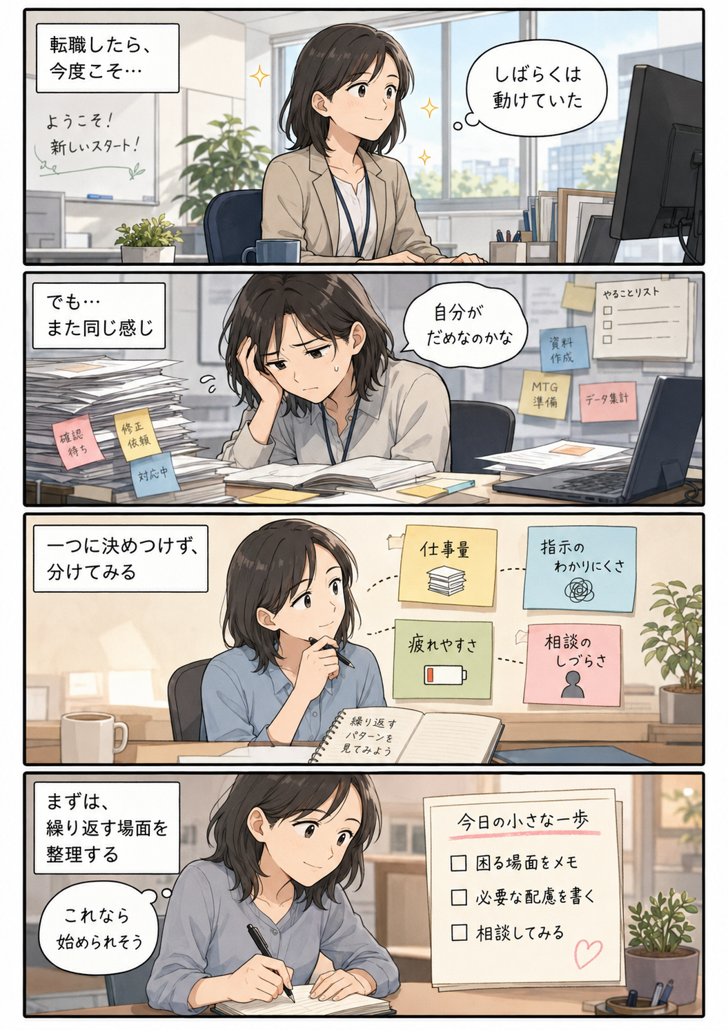 転職後しばらくは動けていたものの同じ問題を繰り返し、自分を責める状態から、仕事量、指示の分かりにくさ、疲れやすさ、相談のしづらさを整理して次の一歩につなげる4コマ漫画