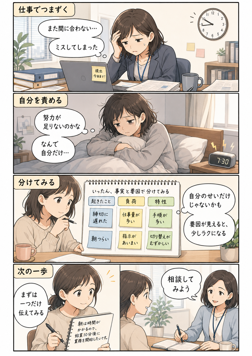 仕事で失敗するたびに自分を責めて落ち込む状態から、起きたこと、負荷、特性を分けて整理し、まず一つだけ相談につなげる流れを描いた4コマ漫画